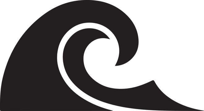 Wave cresting in a powerful ocean current is stylized as a bold, solid black graphic shape that captures the rhythmic movement and natural energy of water in a minimalist artistic composition.