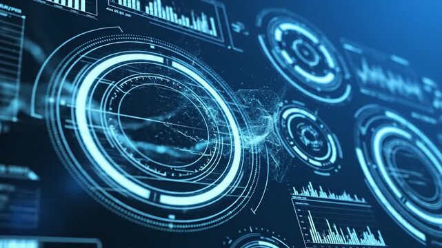 Digital interface circular screen data panel blue glow technology display abstract futuristic background with glowing circular data visualization, cyber network lines, and hologram effect