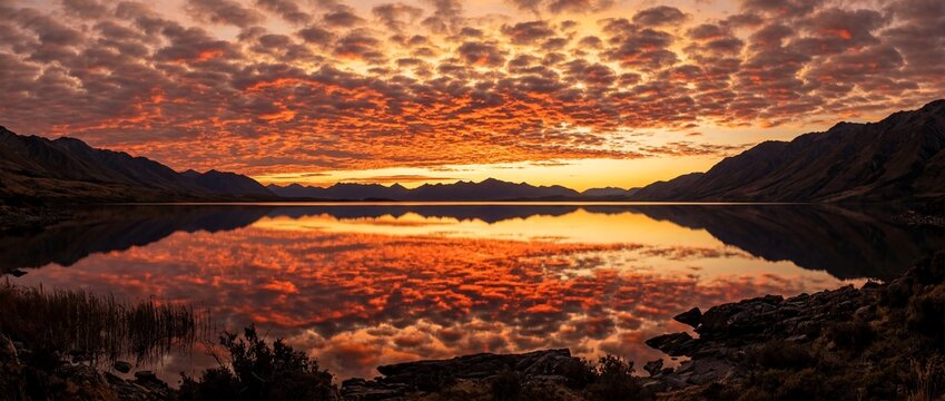 Breathtaking panoramic landscape of a fiery orange and red sunset sky, vividly reflecting its dramatic colors on the tranquil surface of a calm mountain lake at dusk
