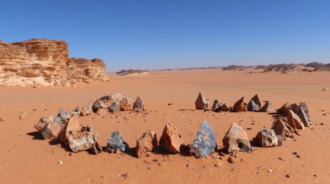 Collection of ancient sharpened flint projectile points arranged in a desert landscape