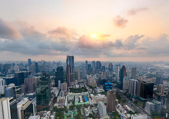 Fototapeta premium Many high skyscrapers, panorama view into the distance central district. Cityscape Bangkok