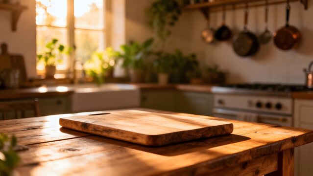 Wooden cutting board on kitchen table