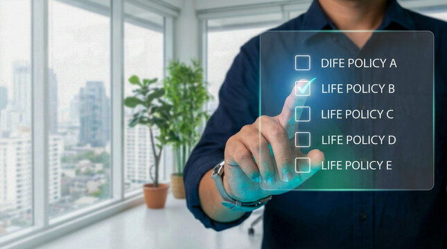 Person pressing digital checkbox on transparent screen with privacy policy options