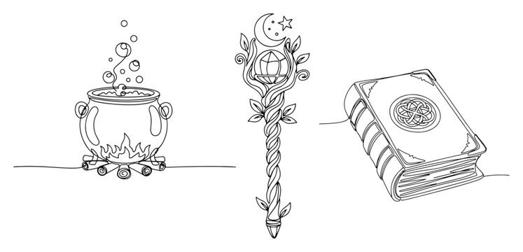 Witch cauldron with magic staff and ancient grimoire spellbook in continuous line art style