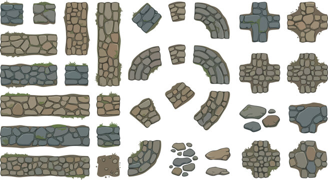 Medieval stone path vector set, cartoon cobblestone road tiles for game design, grey and brown rock pavement walkway elements for fantasy maps