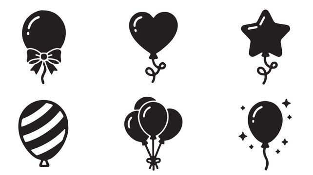 Black balloon icon set with 6 vector elements, party balloon silhouettes in heart and star shapes, festive celebration graphics for events