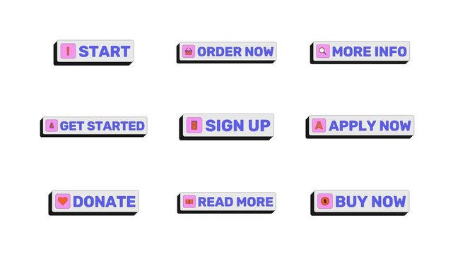 Modern clickable buttons animation set. Order and buy now on website. Sign up online. Get started app. Animated UI elements. Web interface call-to-action collection. Colorful micro interactions