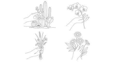 Fototapeta premium Elegant Line Art Collection of Hands with Botanical Elements: Cactus, Orchid, Wheat, and Daisies