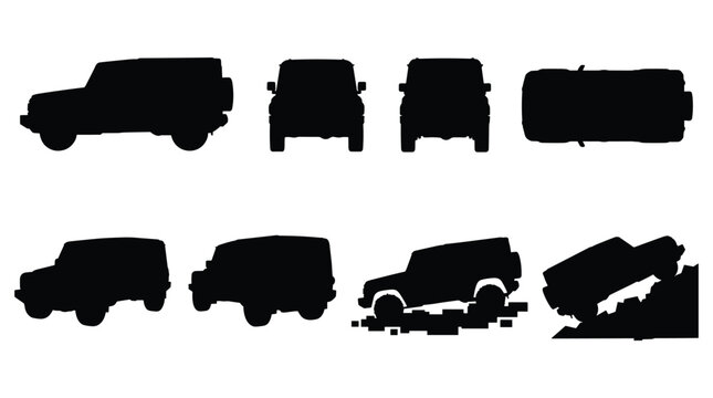 Van and Off-Road SUV Silhouette Set &mdash; Multiple Views Including Side, Front, Top and Climbing Angle, Black Vector
