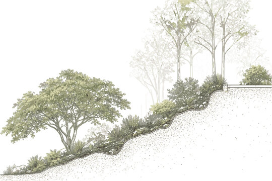 Landscape Section Elevation Vector with Terrace Seating, Human Figures, Sloped Garden Planting, Trees and Architectural Line Art