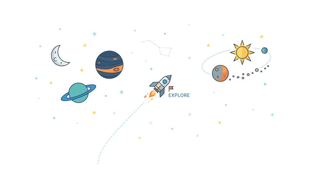 Flat design space exploration with planets and rocket illustration