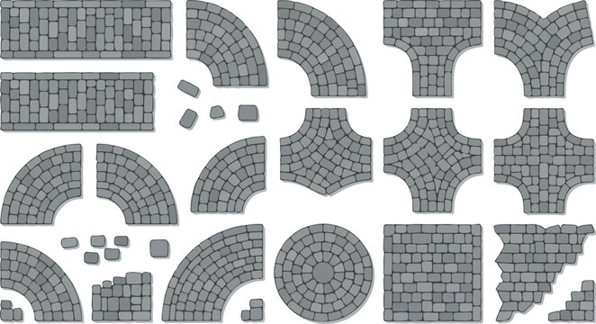 Cobblestone pavement vector set, grey stone road texture elements, modular street paving blocks for landscape design and urban architecture maps