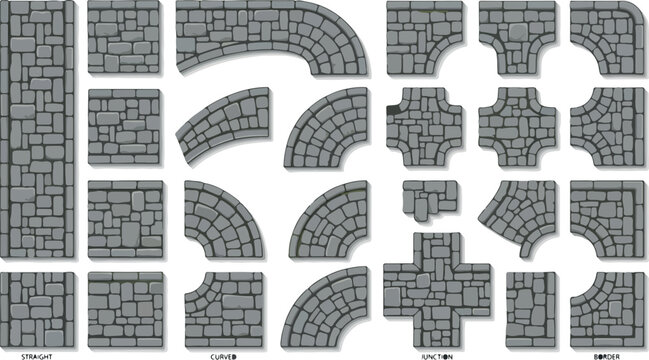 Cobblestone road vector elements, grey stone pavement tiles for map design, medieval street paving set with curved and straight paths