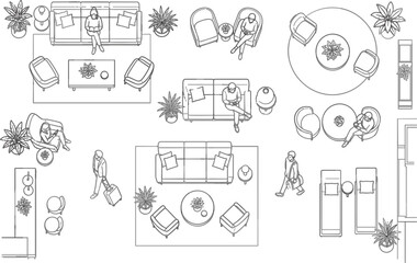 Fototapeta premium Top View Interior Floor Plan Vector Set with Living Room, Bedroom, Dining Area, Furniture, Plants and People Architectural Line Art