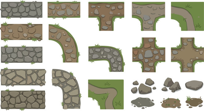 Cartoon stone path tileset for game design, modular rock walkway elements with grass, 2D top-down gravel road construction kit for maps