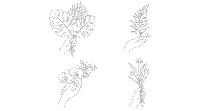 Elegant line art hands holding various botanical elements and flowers vector illustration set