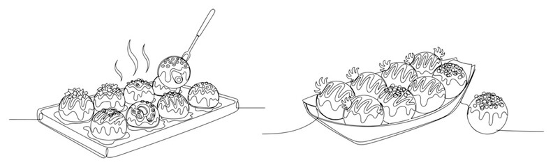 Takoyaki octopus balls served on tray and bowl in continuous line art style © Katarzyna
