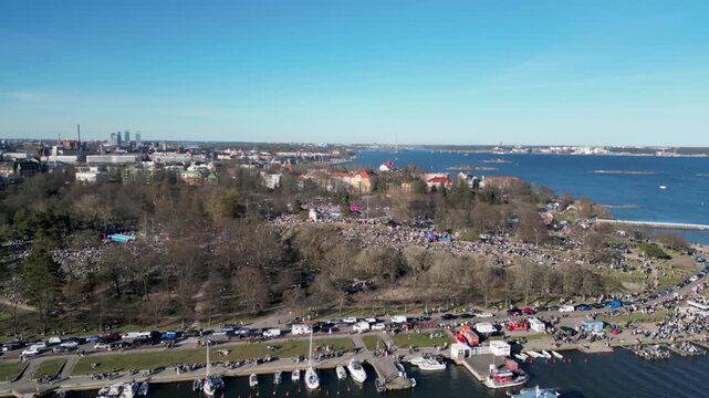 May Day Celebration in Finland Drone View Over Kaivopuisto. 