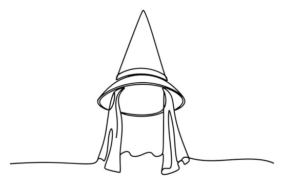 Medieval hennin pointed hat with fabric veil in minimalist continuous line art style