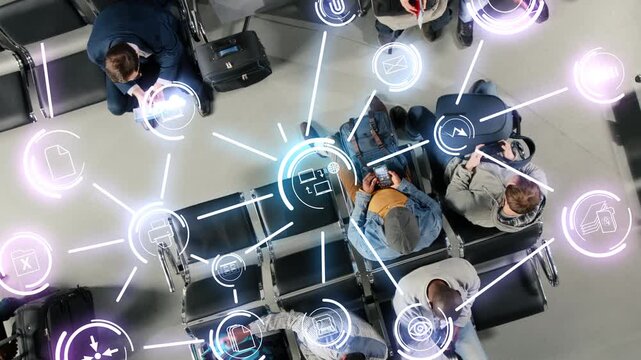 Tourists in airport terminal using smartphones apps, digital ecosystem VFX compositing. Diverse travelers passengers waiting for plane arrival, using mobile phone, data network HUD overlay