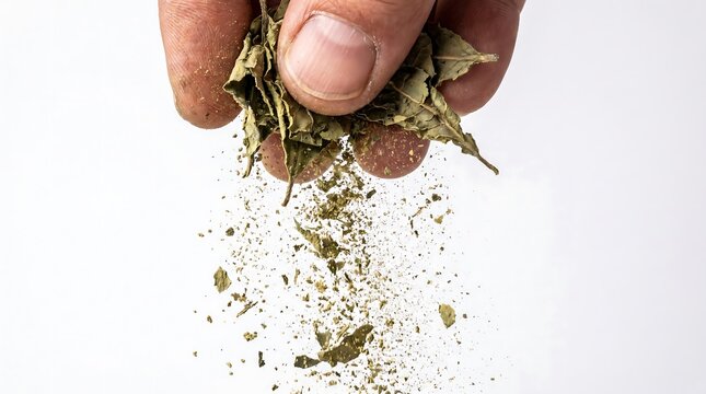 human fingers crushing dried green herbs against white background macro close up shot