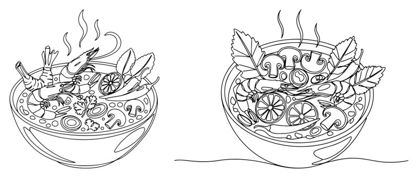Seafood soup bowls with shrimp and mushrooms in minimalist monoline drawing style