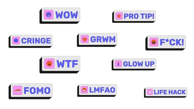 Trendy slang modern clickable buttons animation set. Internet reaction words. Viral style content creation. Animated UI elements. Web interface call-to-action collection. Colorful micro interactions