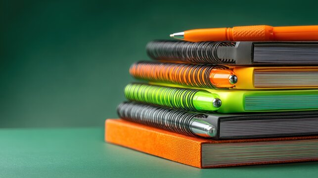 Colorful notebooks and pen stack