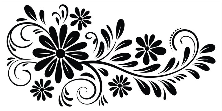 Black floral scrollwork with flowers and leaves on a white background flourish swirl