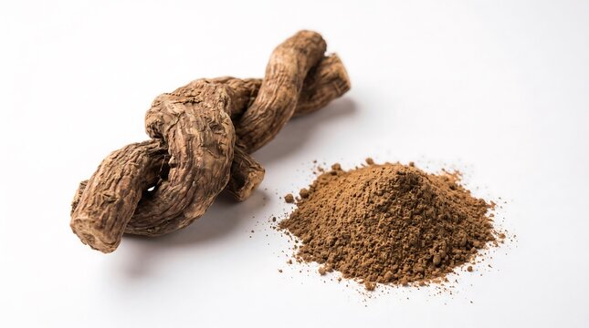 Dried kava kava root and organic herbal powder resting on white background professional macro photography