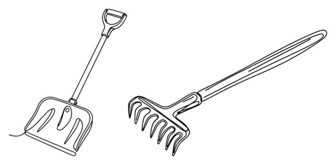Snow shovel and garden rake tools for maintenance in continuous line art style © Katarzyna
