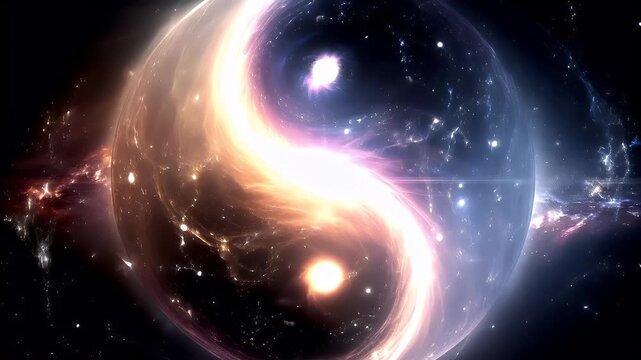 Yin Yang, Chinese philosophy, harmony, balance, Taoism. A vivid digital artwork depicts a cosmic scene. A swirling vortex of light and shadow forms the central subject.