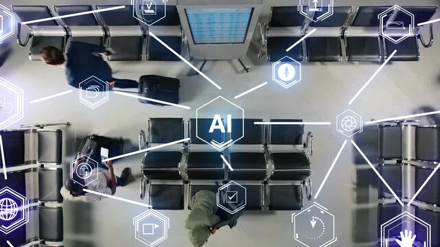 Monitoring passenger flow, AI sensors VFX compositing and top down view of people in airport. Airport doing border control security checks on tourists, graphics overlay and artificial intelligence,