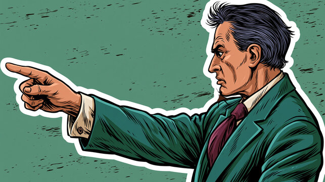 Man in suit pointing finger aggressively with anger management, pointing direction