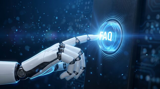 Robotic hand pressing glowing blue FAQ button on futuristic holographic interface representing digital customer support and artificial intelligence help center technology 3d render