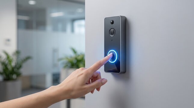 Hand pressing glowing blue button on modern smart doorbell for office security and visitor notification system in professional business environment with blurred background and interior design