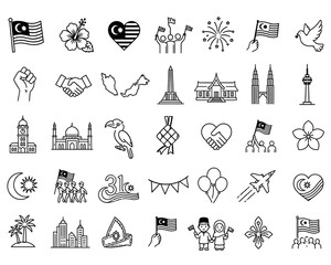 Obraz premium A set 24 icon Malaysia Independence Day Merdeka Hari Malaysia Culture Symbols