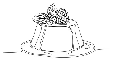 Panna cotta dessert with blackberry and mint leaf garnish in continuous line art style © Katarzyna