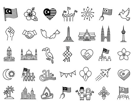 A set 24 icon Malaysia Independence Day Merdeka Hari Malaysia Culture Symbols