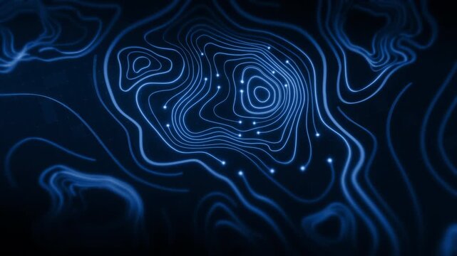 Futuristic digital topographic map with glowing neon contour lines, abstract 3D terrain visualization, modern data technology and cyber landscape concept