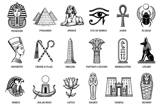 A set of 18 icons of various Egyptian Mythology Culture Symbols