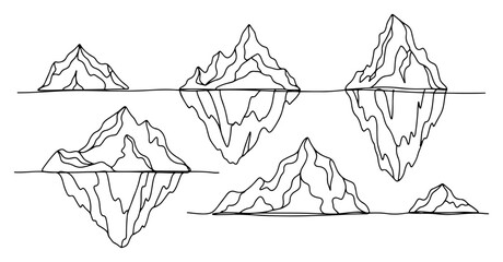 Iceberg collection showing frozen peaks above and below water in minimalist line art style © Katarzyna