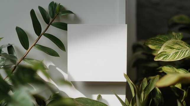 A serene composition featuring a blank white card surrounded by lush green leaves, perfect for notes, invitations, or artistic displays in nature-inspired settings.