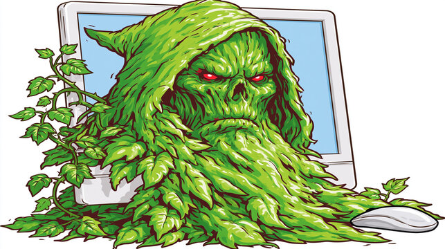 Green monster made of leaves erupting from a computer monitor with computer, technology