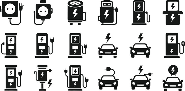 Electric vehicle charging station icons set black and white vector illustration