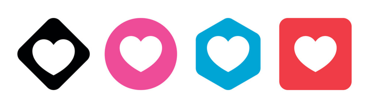 Heart Buttons Vector Collection Isolated on White Background. Like Reaction in Solical Media. Rhombus, Circle, Hexagon, Square. 