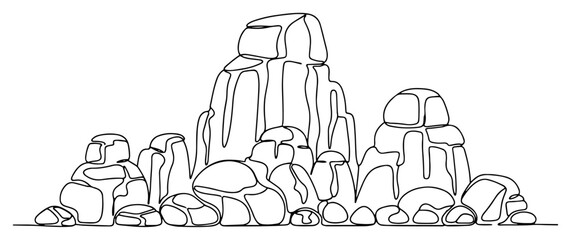Massive rock formations and boulder piles in continuous line art style © Katarzyna