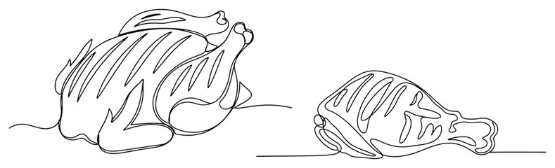 Roast chicken and poultry leg for dinner in continuous line art style © Katarzyna