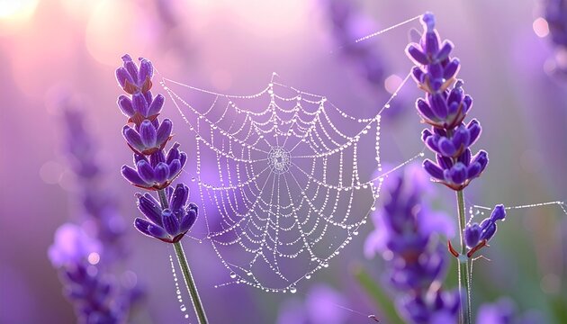 朝露を纏ったクモの巣がラベンダーの茎の間に広がる幻想的なマクロ接写