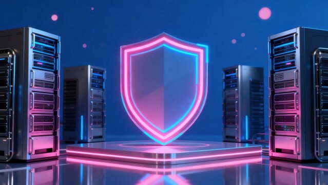 Neon shield and server towers